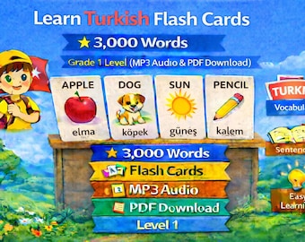 Learn Turkish Flash Cards, 3000 Words, Grade 1 Vocabulary (MP3 Audio, PDF Download)