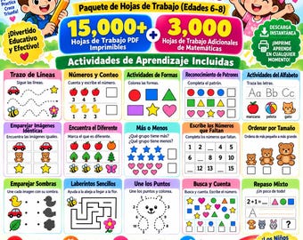 Spanish - Preschool, Kindergarten, 1st Grade, 2nd Grade Worksheets Bundle (Ages 6–8) - 15,000+ PDF Worksheets + 3,000 Bonus Math Worksheets
