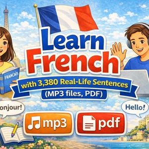 Könnte beinhalten: Illustrierte Werbung zum Französischlernen. Das Bild zeigt zwei Personen, eine liest ein Buch mit "Francais" auf dem Umschlag und die andere benutzt einen Laptop mit Kopfhörern. Der Text enthält "Learn French" und "with 3,380 Real-Life Sentences (MP3 files, PDF)".