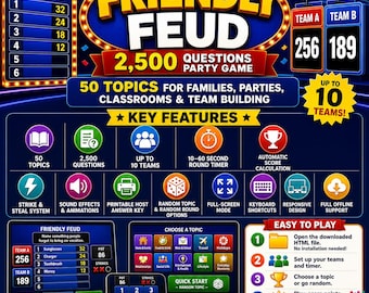 Friendly feud  - 2,500 Questions Party Game, 50 Topics for Families, Parties, Classrooms & Team Building + PDF files