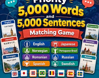 Priority 5,000 Words, Sentences Matching Game Learn English, Japanese, Norwegian, Brazilian Portuguese, Romanian, Russian, Spanish, Swedish