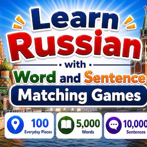 Op de afbeelding: Een digitale educatieve afbeelding getiteld Learn Russian with Word and Sentence Matching Games. Het toont de Basiliuskathedraal, het Kremlin en de Russische vlag. Iconen tonen 100 Everyday Places, 5.000 Words en 10.000 Sentences.