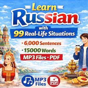 May include: An illustrated advertisement for a Russian language learning program. The image features the text "Learn Russian" with details about sentences, words, and MP3 files. The background includes Russian cultural elements and people.