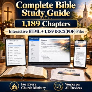 May include: A digital Bible study guide displayed on a laptop, tablet, and smartphone, featuring 1,189 chapters in interactive HTML and DOCX/PDF formats. An open physical Bible and a stack of printed study papers sit on a wooden desk surface.