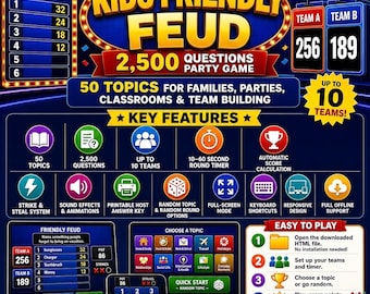 Kids Friendly Feud - 2,500 Questions Party Game - 50 Topics for Families, Parties, Classrooms & Team Building + PDF files