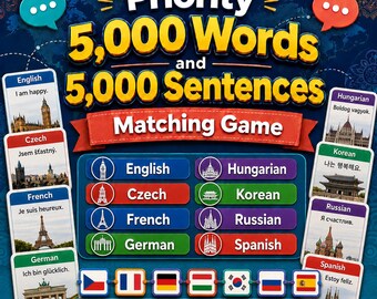 Priority 5,000 Words and 5,000 Sentences Matching Game - Learn English, Czech, French, German, Hungarian, Korean, Russian, and Spanish
