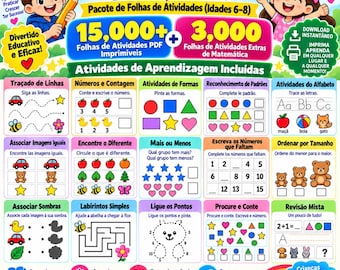 Portuguese - Preschool, Kindergarten, 1st Grade, 2nd Grade Worksheets Bundle (Ages 6–8) 15,000+ PDF Worksheets + 3,000 Bonus Math Worksheets