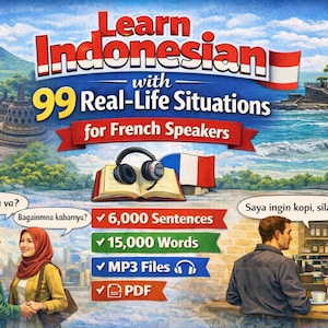 Puede incluir: Ilustración colorida que promueve el aprendizaje del idioma indonesio para hablantes de francés. La imagen presenta el texto "Learn Indonesian with 99 Real-Life Situations for French Speakers". También incluye un libro, auriculares y paisajes indonesios.
