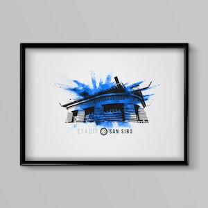 Pode incluir: Uma ilustração em preto e branco do estádio San Siro em Milão, Itália. O estádio é rodeado por um efeito de respingo azul e branco. O texto "STADIO SAN SIRO" está abaixo do estádio.