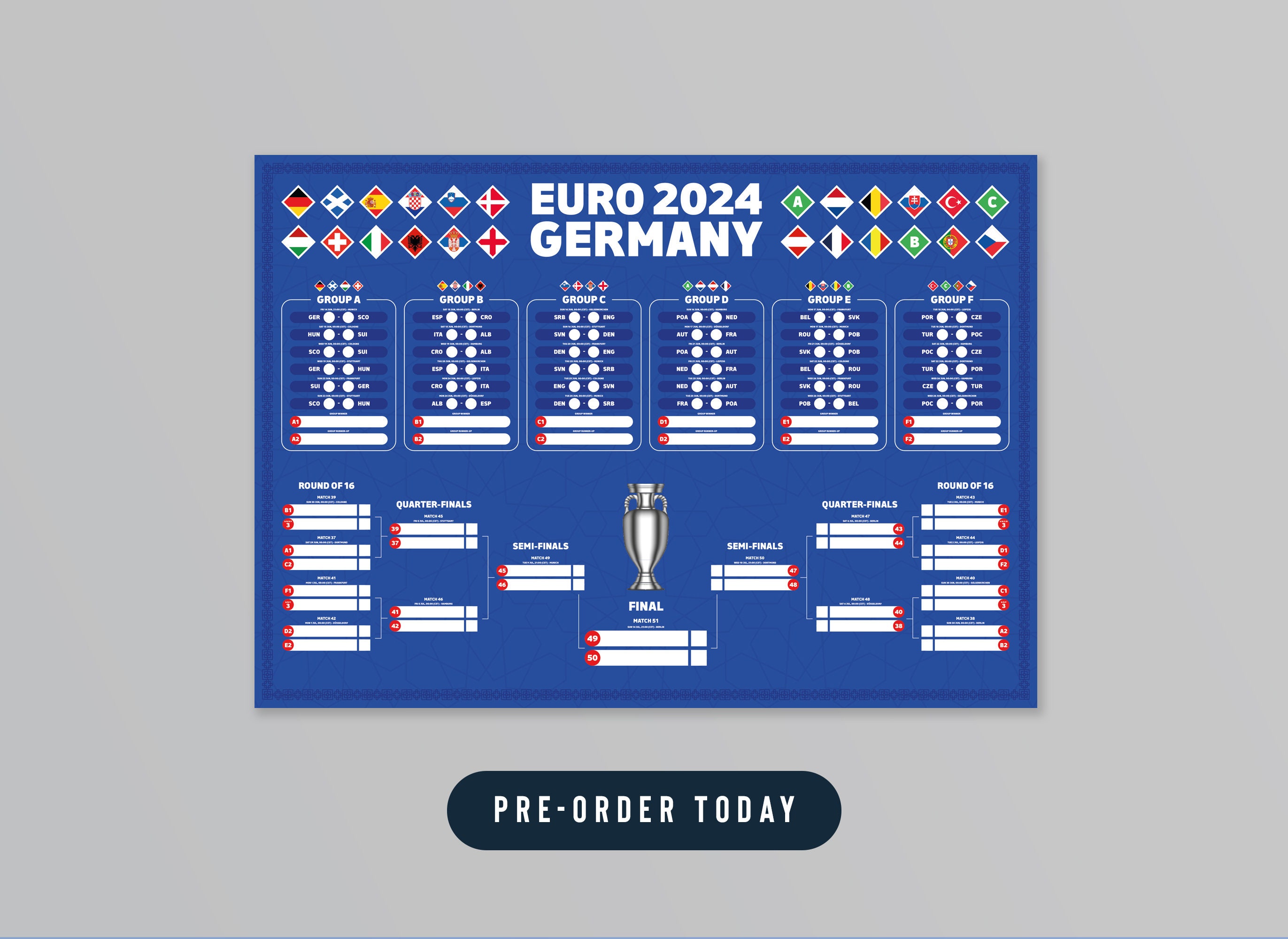 2024 European Championships Wall Chart A2 Fixtures, Dates, Schedule, Football, Poster, England
