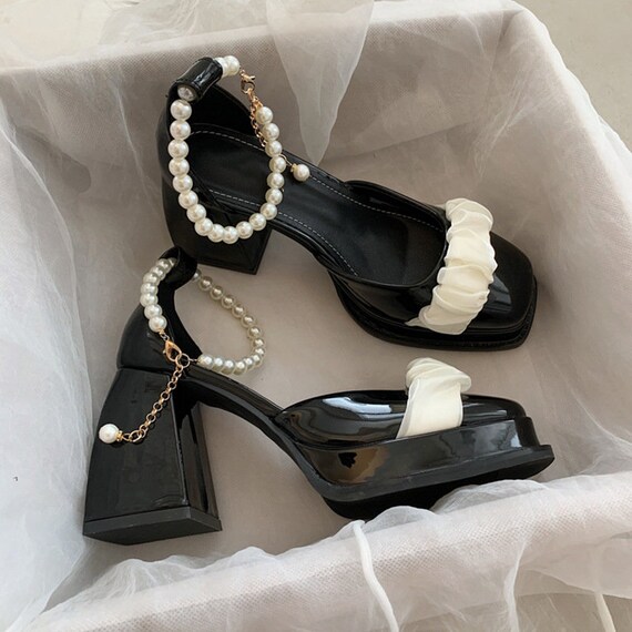 Black Pearl Satin Block Heel Women Vintage Heeled Sandals - Etsy