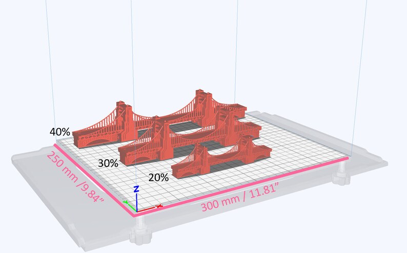 Puede incluir: Un modelo de puente rojo impreso en 3D, mostrado en una plataforma blanca con un patr&oacute;n de cuadr&iacute;cula. El modelo tiene 250 mm (9,84 pulgadas) de ancho y 300 mm (11,81 pulgadas) de largo. El modelo se muestra en diferentes etapas de finalizaci&oacute;n, con el primer modelo al 40%, el segundo al 30% y el tercero al 20%.