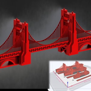 Puede incluir: Un modelo 3D impreso en rojo de un puente colgante. El puente se muestra en un programa de modelado 3D con un fondo de cuadr&iacute;cula.