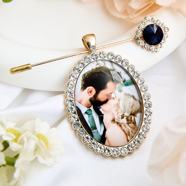 Encantos personalizados de la foto de la boda Pin de boda personalizado para el novio Ramo de la memoria de la boda Encanto Regalo del novio Broche de la boda Regalo Algo azul