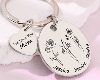 Portachiavi con fiore di nascita personalizzato, Portachiavi con fiore del mese personalizzato, Portachiavi con mamma incisa, Portachiavi sicuro per la guida, Regalo per la festa della mamma, Regalo di anniversario