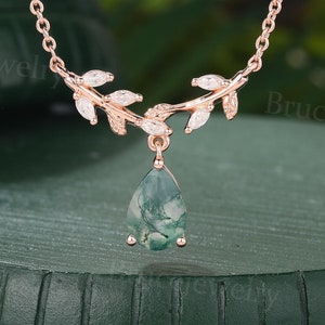Vintage pear shaped moss agate pendant Rose Gold Moissanite necklace Diamond woman pendant Unique necklace Inspired holiday gift