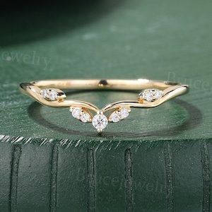 Unique moissanite curved wedding band Vintage yellow gold diamond wedding band Dainty women matching ring Stacking band Promise band