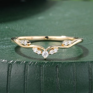 Unique moissanite curved wedding band Vintage yellow gold diamond wedding band Dainty women matching ring Stacking band Promise band