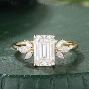 Emerald cut Moissanite Engagement ring Vintage Yellow gold ring Bridal ring Marquise Diamond wedding ring Unique Anniversary ring for Women