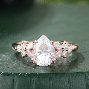 Pear shaped Moissanite Engagement ring Bridal ring Vintage rose gold ring Marquise Diamond ring wedding ring Unique Anniversary ring