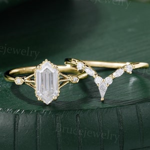 Elongated Hexagon Moissanite Engagement ring set Yellow Gold Kite Shaped Diamond Bridal wedding ring set Promise Anniversary ring for her