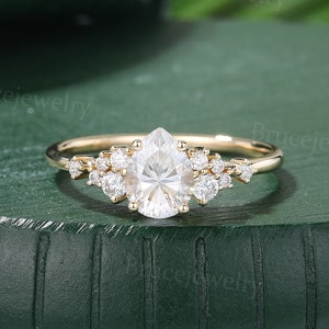 Pear shaped Moissanite Engagement ring Vintage Yellow gold bridal ring Diamond cluster wedding ring Unique Anniversary ring for Women