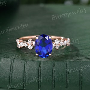 Oval cut Blue Sapphire Engagement ring Vintage Rose gold Moissanite Engagement ring Diamond Bridal ring Promise Anniversary ring for Women