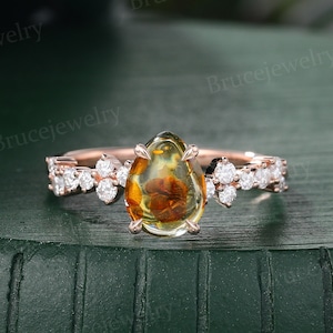 Unique Pear shaped Amber Engagement ring Vintage rose gold ring Moissanite ring Cluster Diamond Bridal ring promise ring Anniversary ring