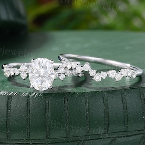 Oval cut Moissanite Engagement ring set Vintage White Gold Bridal ring set Cluster Diamond wedding ring set Women Promise Anniversary ring