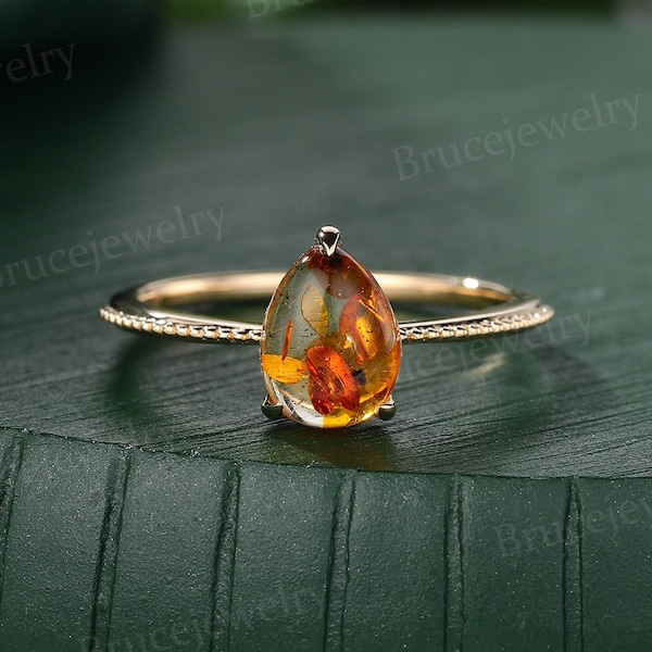 Unique Pear Shaped Amber Engagement ring Vintage 14K Yellow gold Solitaire engagement ring Bridal ring Promise Anniversary ring for her