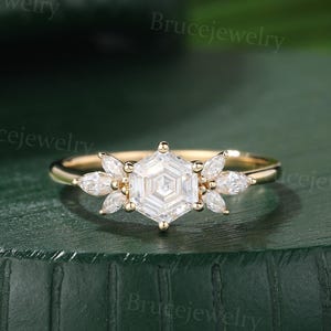 Hexagon cut Moissanite Engagement ring Unique Marquise Diamond ring Bridal ring Vintage yellow gold ring Promise ring Anniversary ring