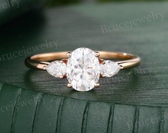Oval cut Moissanite Engagement ring Vintage Rose gold Oval Moissanite ring Pear shaped Diamond Three Stone ring Anniversary ring for Women