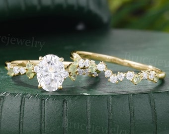 Oval cut Moissanite Engagement ring set Vintage Yellow gold bridal set Diamond wedding ring set Peridot promise ring Anniversary ring