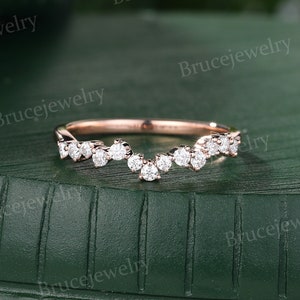 Moissanite Wedding band Vintage Rose gold Curved Wedding band Unique Diamond Matching Stacking band Promise Anniversary band for Women