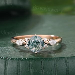 Unique Moss agate Engagement ring Vintage Rose gold Moissanite ring marquise diamond ring Art deco ring Bridal ring anniversary ring