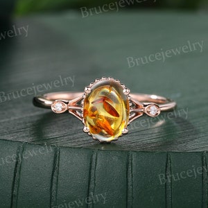 Oval cut Amber Engagement ring Vintage Rose Gold Moissanite ring Women Three stone Milgrain Diamond wedding ring Promise Anniversary ring