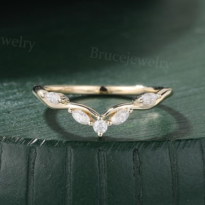 Marquise cut Moissanite Wedding band Vintage yellow gold Curved Wedding band Unique Diamond Matching stacking band Promise Anniversary band