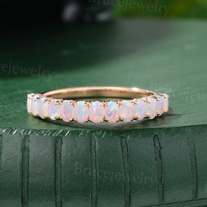 Oval cut Opal Wedding band Vintage Rose gold Wedding band Half Eternity Stacking band Delicate Promise ring Antique marriage ring for her