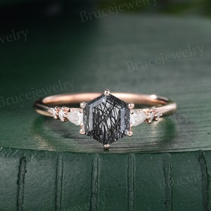 Hexagon cut Black Rutilated Quartz Engagement ring Vintage Rose gold Pear shaped Moissanite ring Art deco ring Diamond Bridal ring for Women