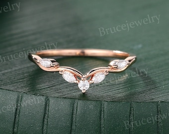 Marquise cut Moissanite Wedding band Vintage Rose gold Curved Wedding band Unique Diamond Matching Stacking band Promise Anniversary band
