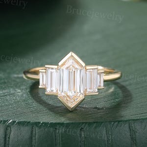 Langer Sechskant Moissanit Verlobungsring Gelbgoldring Vintage Baguetteschliff Moissanit Ring Brautring Jubiläumsring