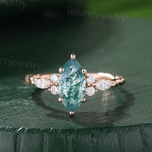Marquise cut Moss agate Engagement ring twisted band rose gold Moissanite ring Unique Diamond Bridal ring Promise ring Anniversary ring