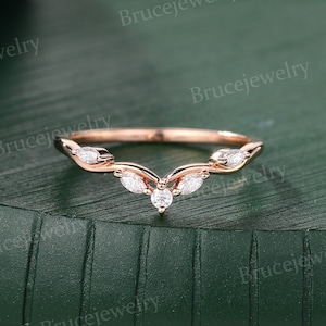 Marquise cut Moissanite Wedding band Vintage Rose gold Curved Wedding band Unique Diamond Matching Stacking band Promise Anniversary band