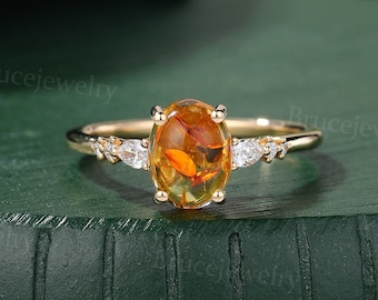 Vintage Oval cut Natural Amber ring Solid yellow gold Engagement ring Pear cut Moissanite ring Art deco marriage ring Diamond Bridal ring