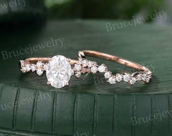 Oval cut Moissanite Engagement ring set Vintage Rose Gold Bridal ring set Diamond wedding ring set for Women Promise Anniversary ring