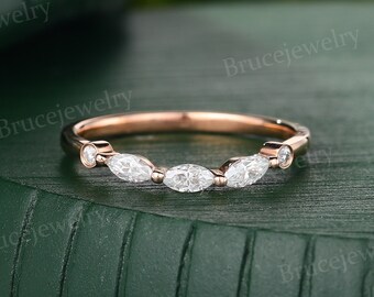 Moissaniet gebogen trouwring vintage 14k roségouden trouwring marquise diamant stapelen band delicate belofte verjaardag band voor vrouwen