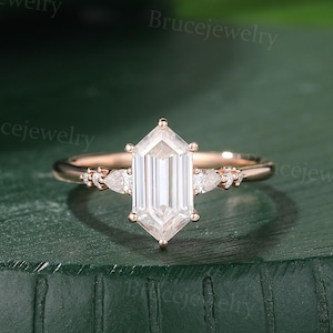Unique Elongated Hexagon cut Moissanite Engagement ring Vintage Rose gold Pear shaped Moissanite ring Diamond Bridal ring anniversary ring
