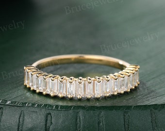 Baguette cut Moissanite Wedding band Vintage Yellow gold ring Half Eternity band Stacking ring Delicate promise ring Anniversary ring