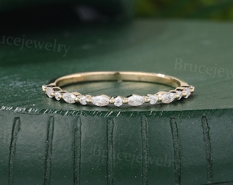 Half eternity moissanite wedding band Vintage yellow gold wedding band Marquise diamond stacking band Delicate promise ring Marriage ring