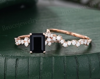 Emerald cut Black Onyx Engagement ring set Vintage Rose Gold Bridal ring set Diamond wedding ring set for Women Promise Anniversary ring